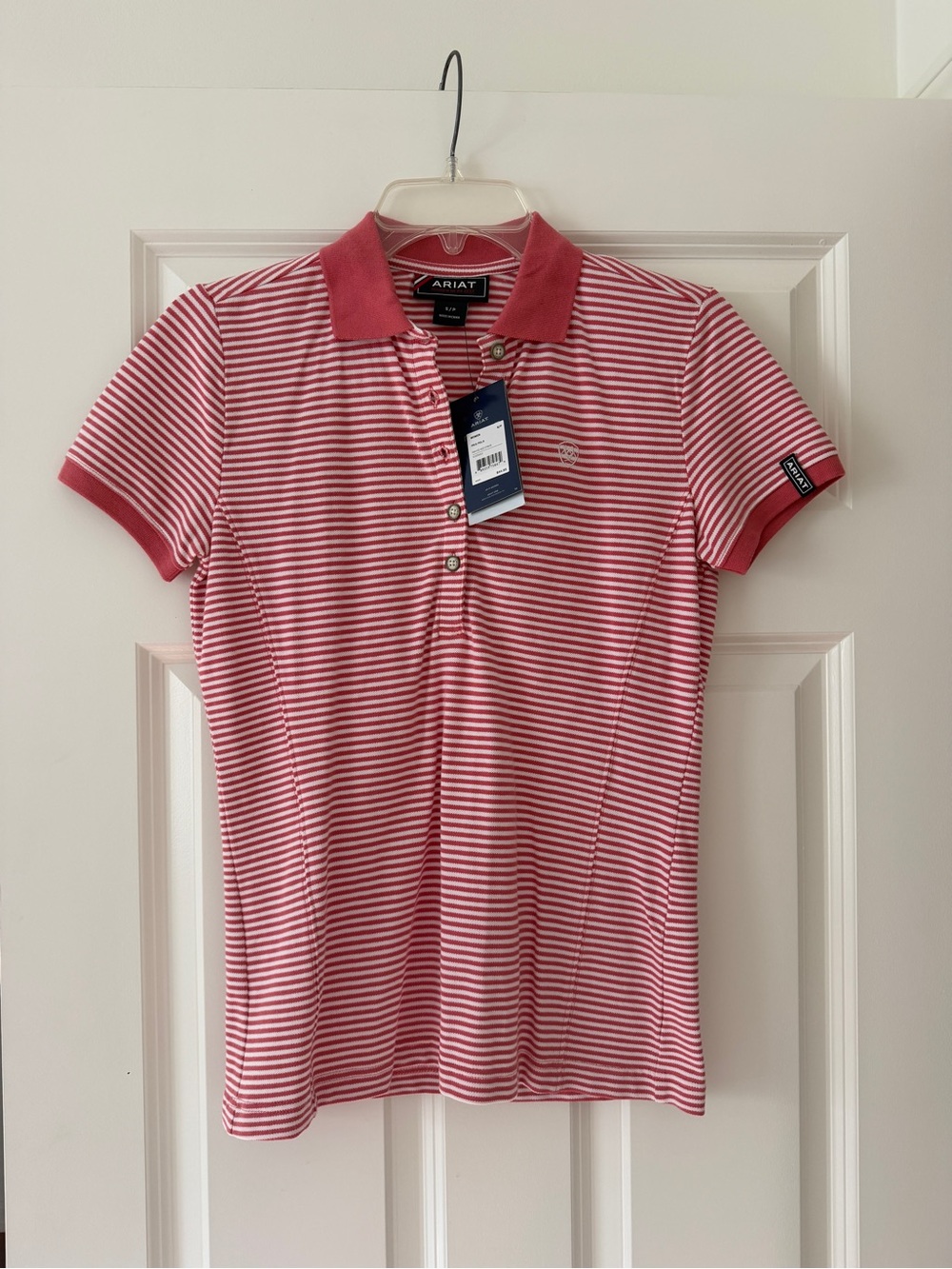 Ariat Women's Pink and White Striped Polo Shirt - small nwt